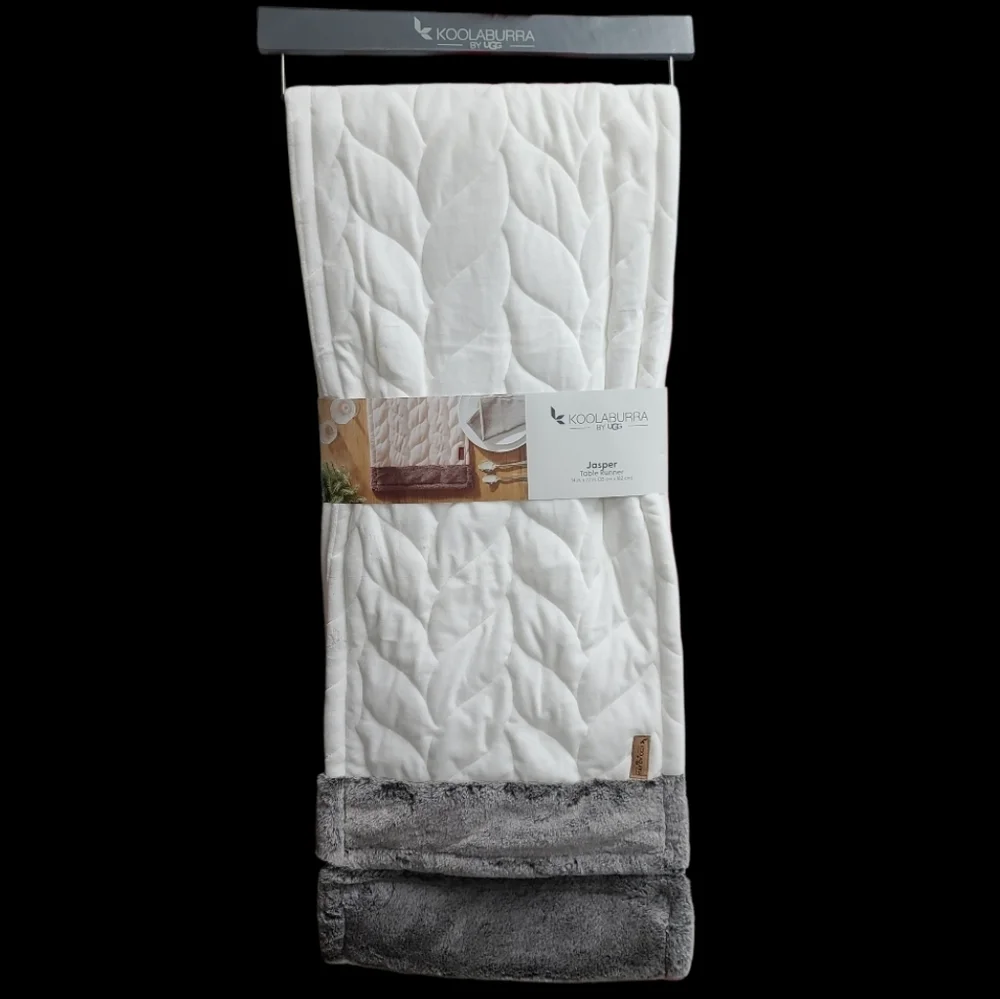 UGG Koolaburra Jasper White Quilted Table Runner Gray Faux Fur Farmhouse New